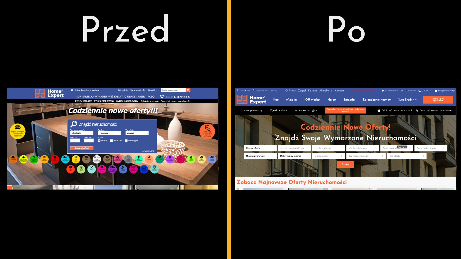 Strona internetowa firmy Home Expert: porównanie wyglądu przed i po zmianach. Widoczne różnice w grafice, układzie i funkcjonalności. Aktualizacja serwisu.