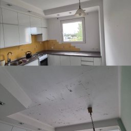 KADET STYL I PRECYZJA - Zdjęcie przed i po renowacji sufitu w kuchni. Na górze odnowiona, gładka powierzchnia. Na dole sufit ze spękaniami i nierównościami, wisząca lampa.
