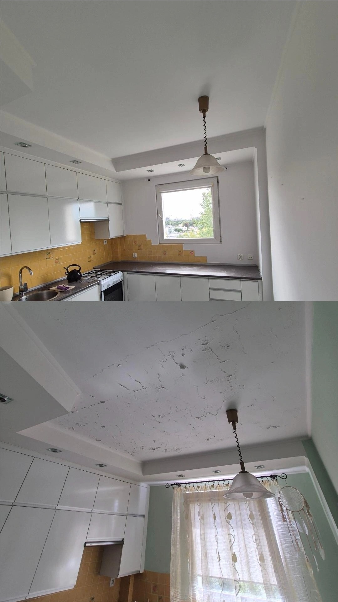 Zdjęcie przed i po renowacji sufitu w kuchni. Na górze odnowiona, gładka powierzchnia. Na dole sufit ze spękaniami i nierównościami, wisząca lampa.