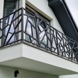 Nowoczesna, metalowa balustrada balkonowa z geometrycznym wzorem na tle białej elewacji domu z oknem. Balustrada w kolorze grafitowym.