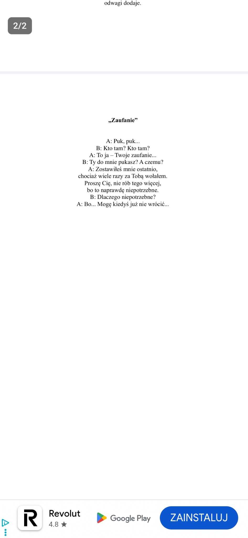 Tekst w języku polskim zatytułowany 'Zaufanie', przedstawiony w formie dialogu między dwiema osobami, na białym tle. Czcionka czytelna, minimalistyczny układ.