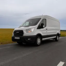 Biały Ford Transit na asfalcie z polem w tle. Rejestracja DX 51746. Zdjęcie z boku, pochmurne niebo.