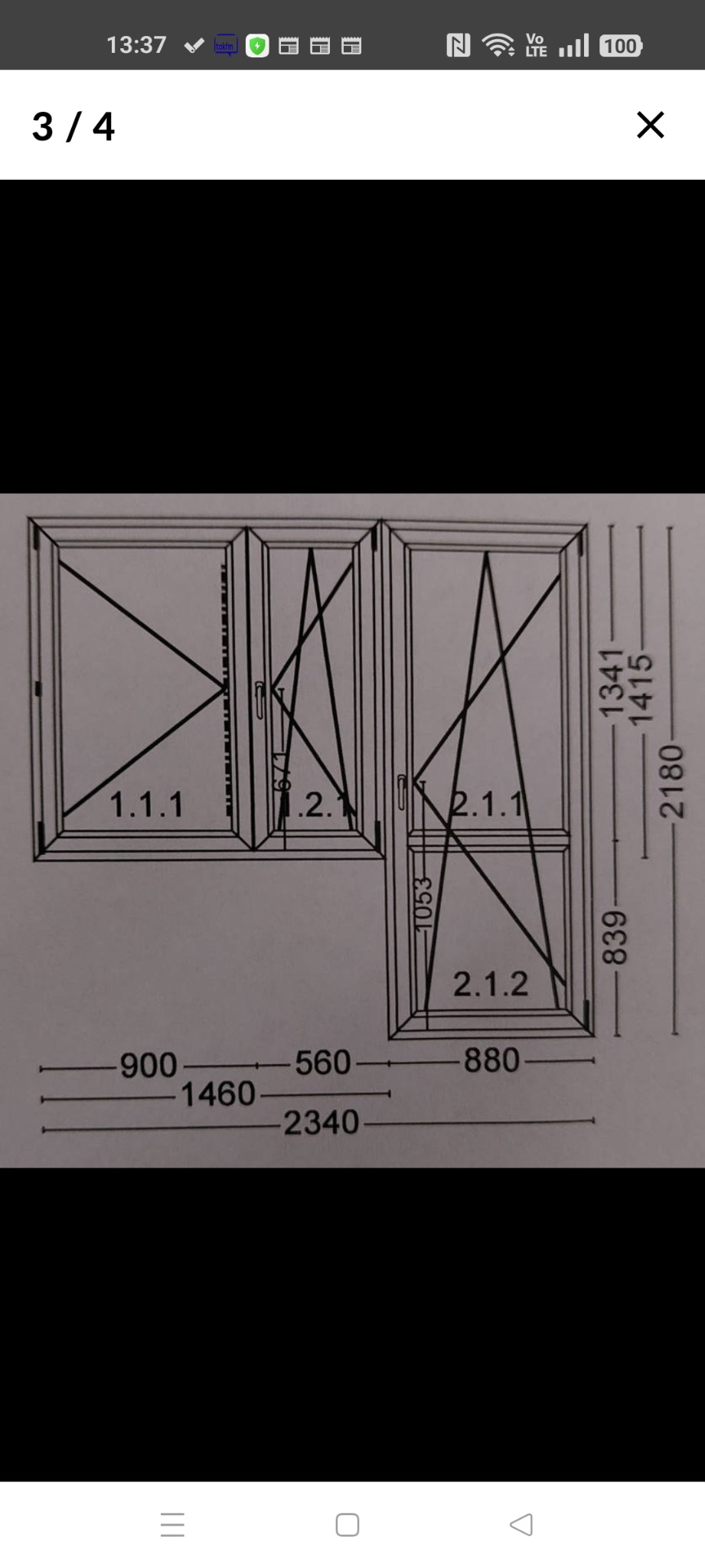 Schemat techniczny okna z wymiarami w milimetrach, Poznań. Widok z przodu, detale konstrukcyjne i oznaczenia poszczególnych elementów.
