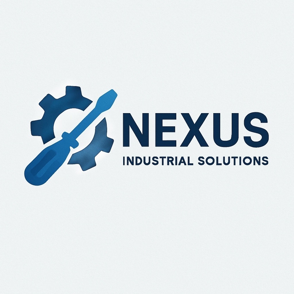 Grafika: niebieskie koło zębate z wkrętakiem, napis 'NEXUS INDUSTRIAL SOLUTIONS'. Minimalistyczny design, sugeruje usługi techniczne lub przemysłowe.