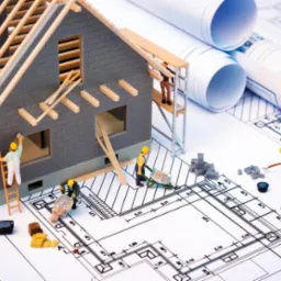 Model domu w budowie z miniaturowymi figurkami na planie architektonicznym i zwojach rysunków w tle, Kęty. Ukazuje etapy budowy domu.