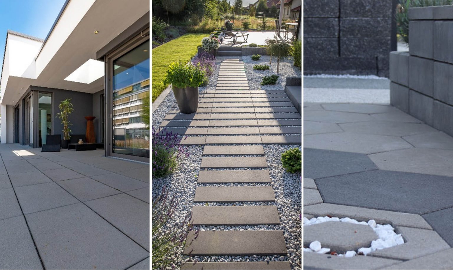 Kompozycja trzech ujęć: taras z płyt w Klewkach, ścieżka z kostki na żwirze i mur z bloków betonowych. Nowoczesne aranżacje przestrzeni zewnętrznych.