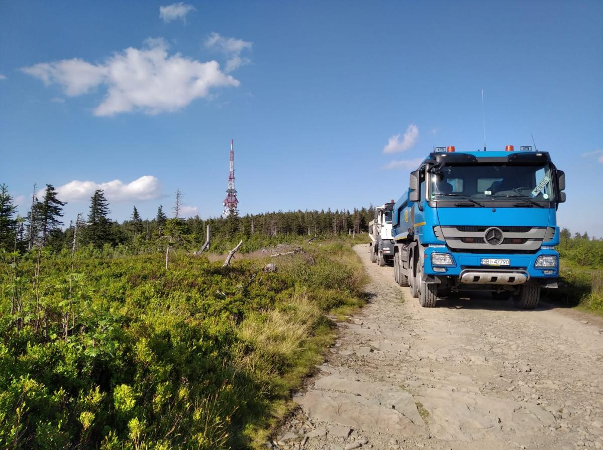 Niebieska ciężarówka na nierównej drodze gruntowej, w tle las i wieża telekomunikacyjna. Dzień słoneczny, błękitne niebo z chmurami.