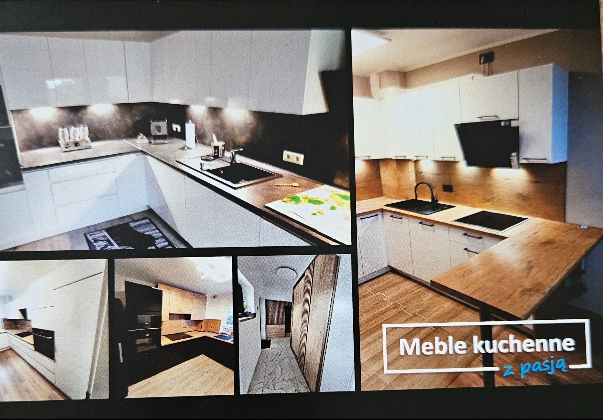 Nowoczesna kuchnia na wymiar w Jeleniej Górze: białe fronty, czarny blat i armatura. Ujęcie z kilku perspektyw, prezentujące detale i funkcjonalność zabudowy.