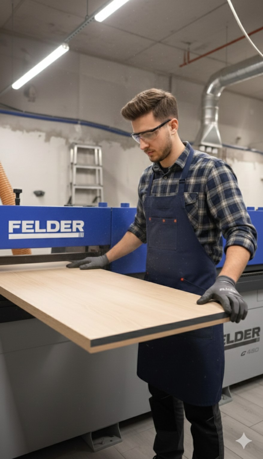 Stolarz w niebieskim fartuchu i okularach ochronnych obrabia płytę meblową na profesjonalnej maszynie Felder G480 w warsztacie stolarskim.