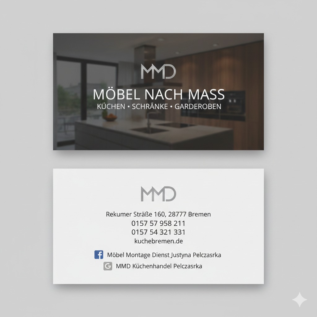 Wizytówka firmy MMD Möbel nach Mass z adresem w Bremen, oferującej kuchnie, szafy i garderoby na wymiar. W tle rozmyte zdjęcie kuchni.
