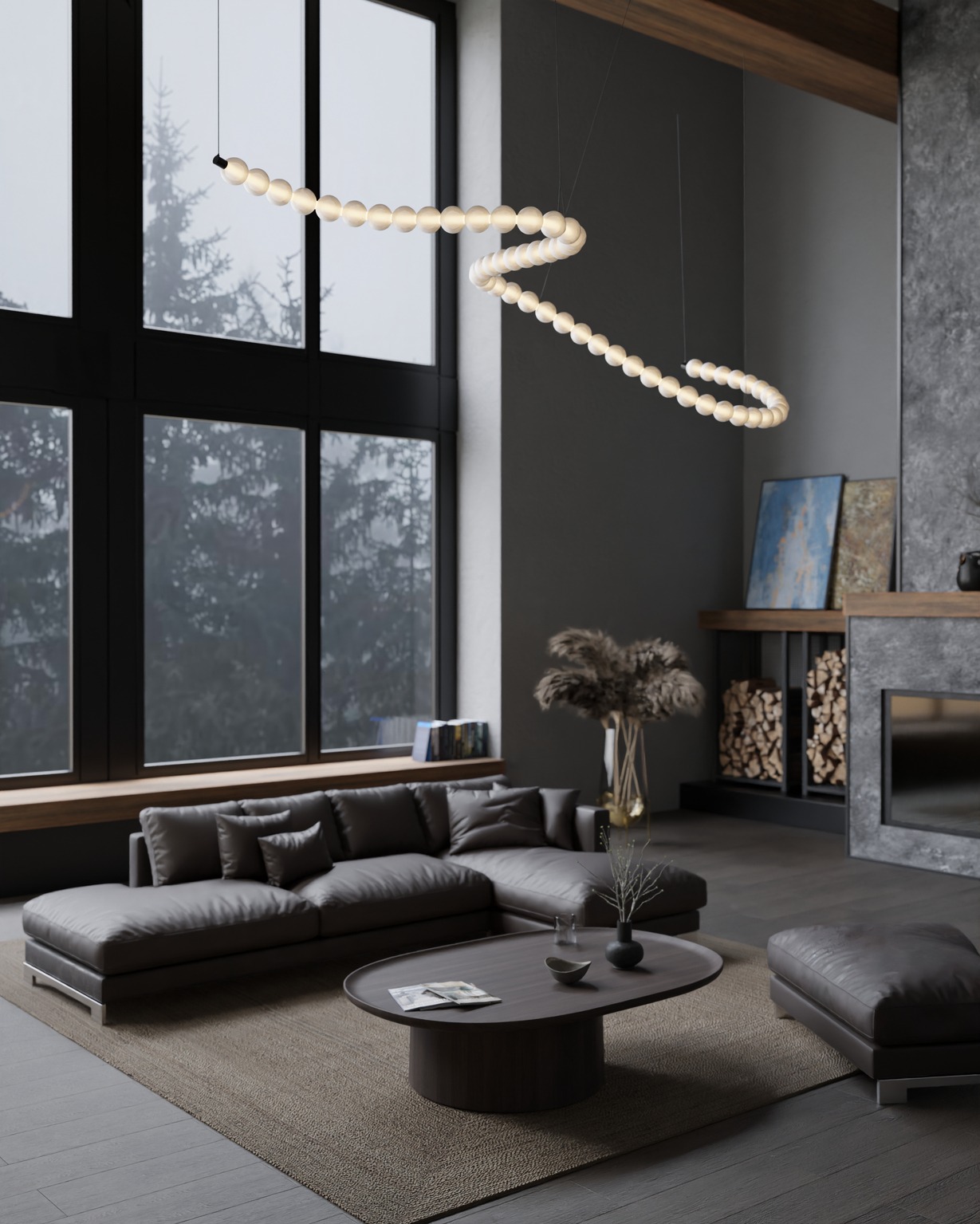 Nowoczesna lampa wisząca LED w kształcie spirali z kulistych elementów, oświetlająca salon z dużym oknem i szarą sofą.