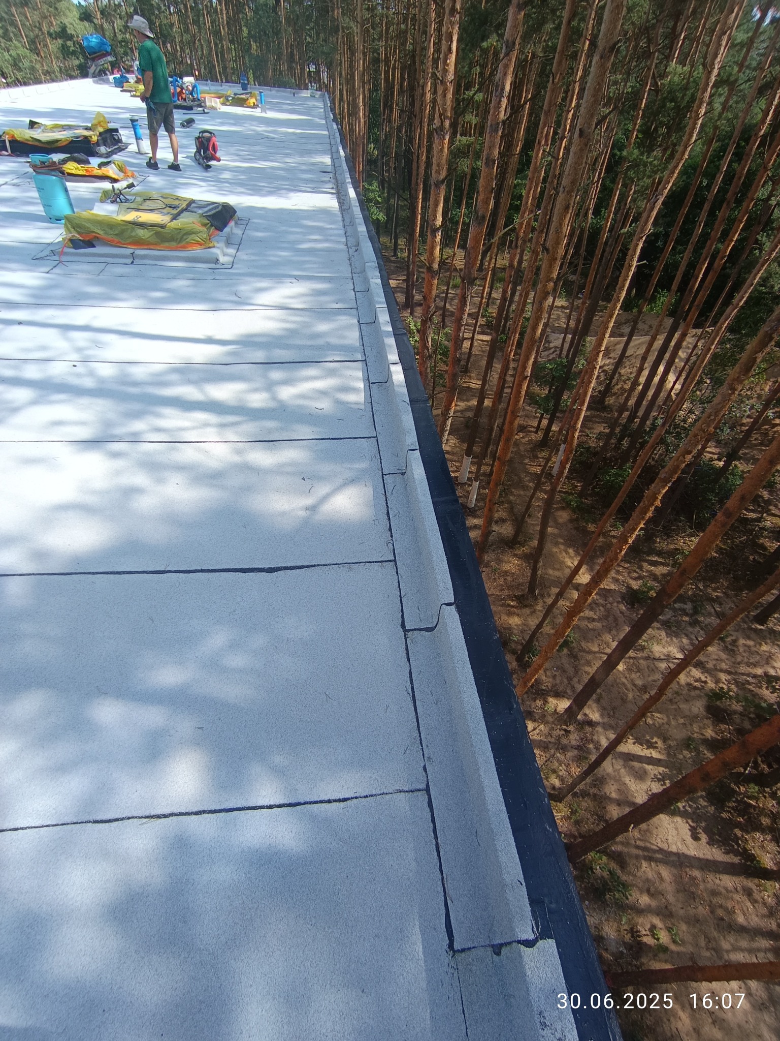 Wykończony, jasny dach płaski z widocznymi łączeniami papy i obróbką blacharską na krawędzi. W tle wysoki las sosnowy i pracownik w oddali.