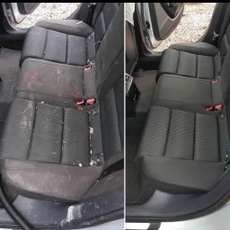 KaeS detail - Tapicerka samochodowa tylna, czyszczenie: widok przed i po. Po lewej brudne siedzenia, po prawej czyste, odświeżone. Widoczne detale tapicerki.