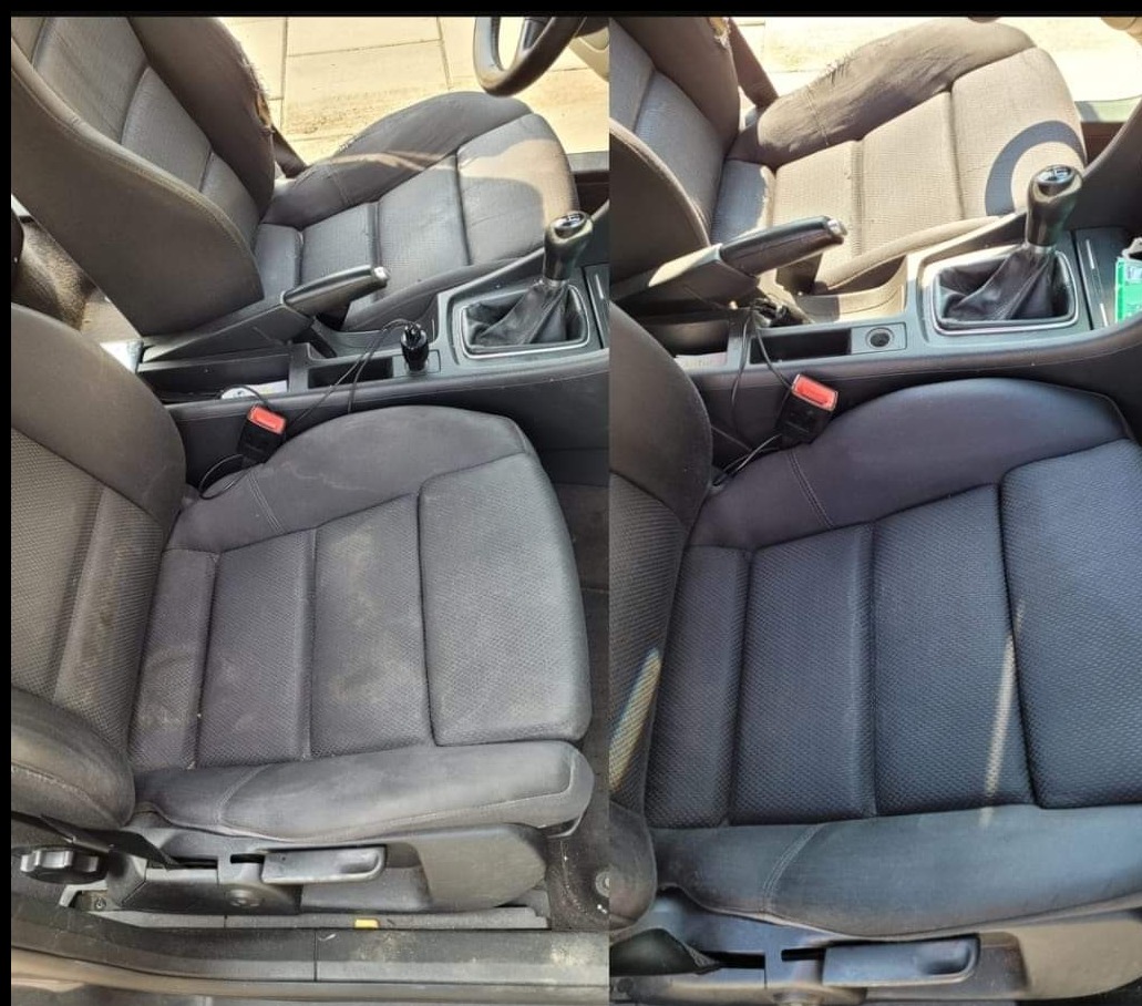 Tapicerka samochodowa przed i po czyszczeniu: fotel kierowcy, widoczna różnica w czystości materiału, detale wnętrza auta. Porównanie efektu prania tapicerki.