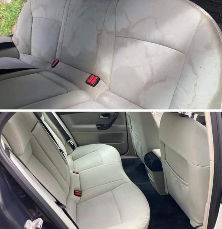 Tapicerka samochodowa: góra - przed praniem, widoczne plamy; dół - po czyszczeniu, jasna, odświeżona. Efekt prania tapicerki.