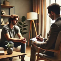 Mężczyzna podczas konsultacji. Pacjent siedzi na kanapie, a specjalista robi notatki na podkładce. W tle lampa i regał z książkami.