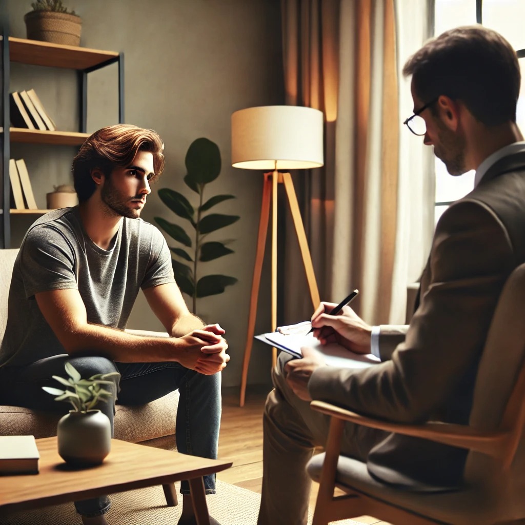 Mężczyzna podczas konsultacji. Pacjent siedzi na kanapie, a specjalista robi notatki na podkładce. W tle lampa i regał z książkami.