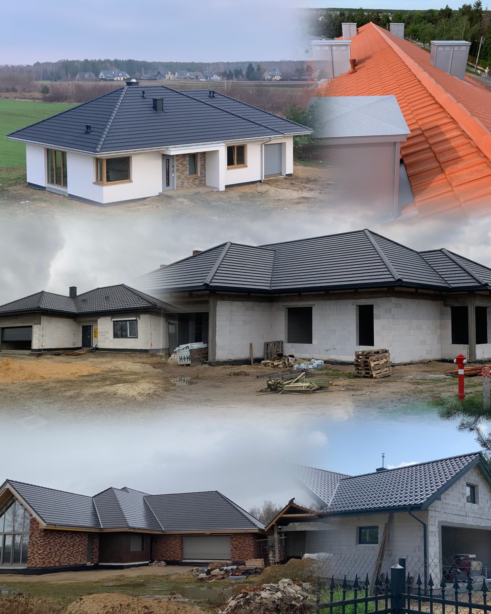 Kompozycja czterech zdjęć prezentujących różne etapy budowy domów jednorodzinnych z widocznymi dachami, ukazując postęp prac od stanu surowego do wykończonego.