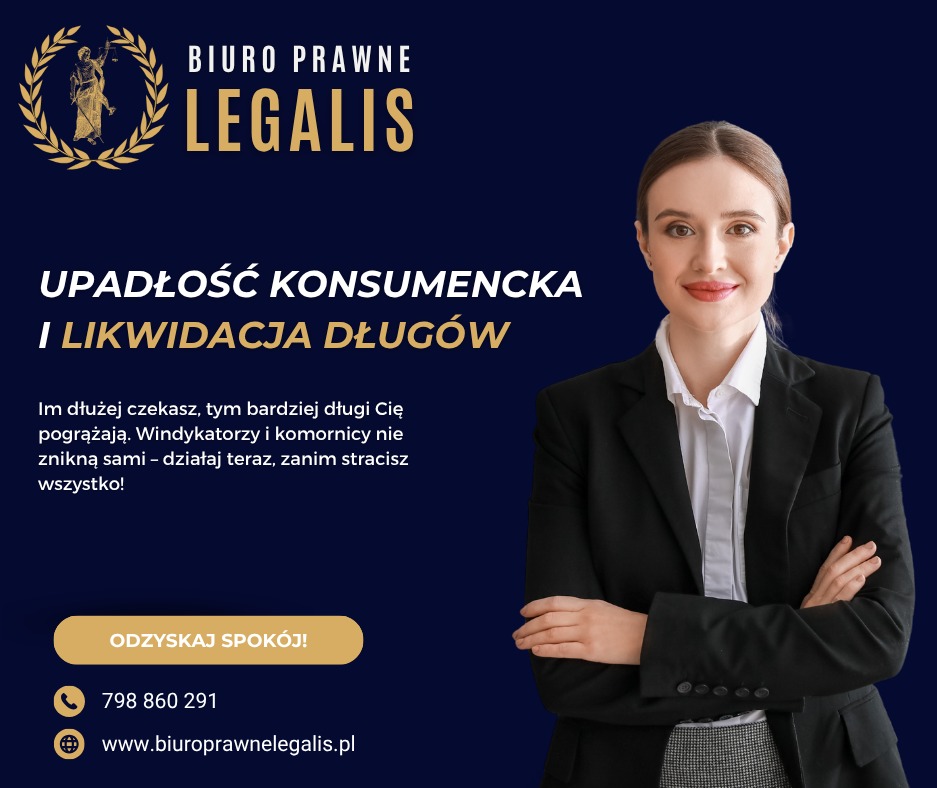 Kobieta w garniturze na tle granatowego banera z informacją o upadłości konsumenckiej i likwidacji długów. Logo Biura Prawnego Legalis w górnej części.