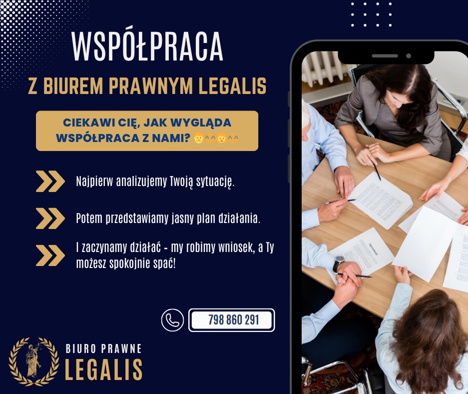 Grafika reklamowa biura prawnego Legalis. Na pierwszym planie telefon z widokiem spotkania zespołu nad dokumentami. Tekst o współpracy i analizie sytuacji.