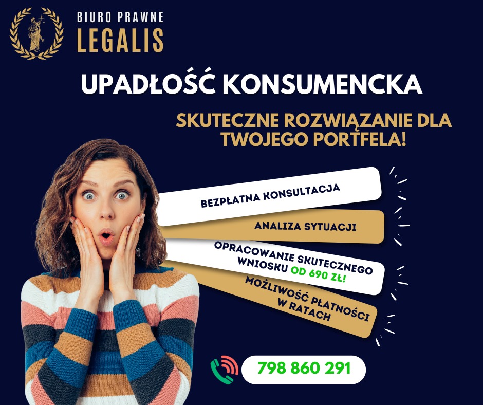 Kobieta z zaskoczoną miną prezentuje ofertę: bezpłatna konsultacja, analiza sytuacji, opracowanie wniosku od 690 zł i płatność w ratach. Numer telefonu.