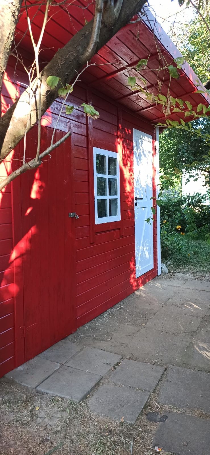 Czerwony, drewniany domek narzędziowy z białymi akcentami (okno, drzwi) widziany z boku, częściowo przysłonięty gałęziami drzewa. Widoczny fragment chodnika.