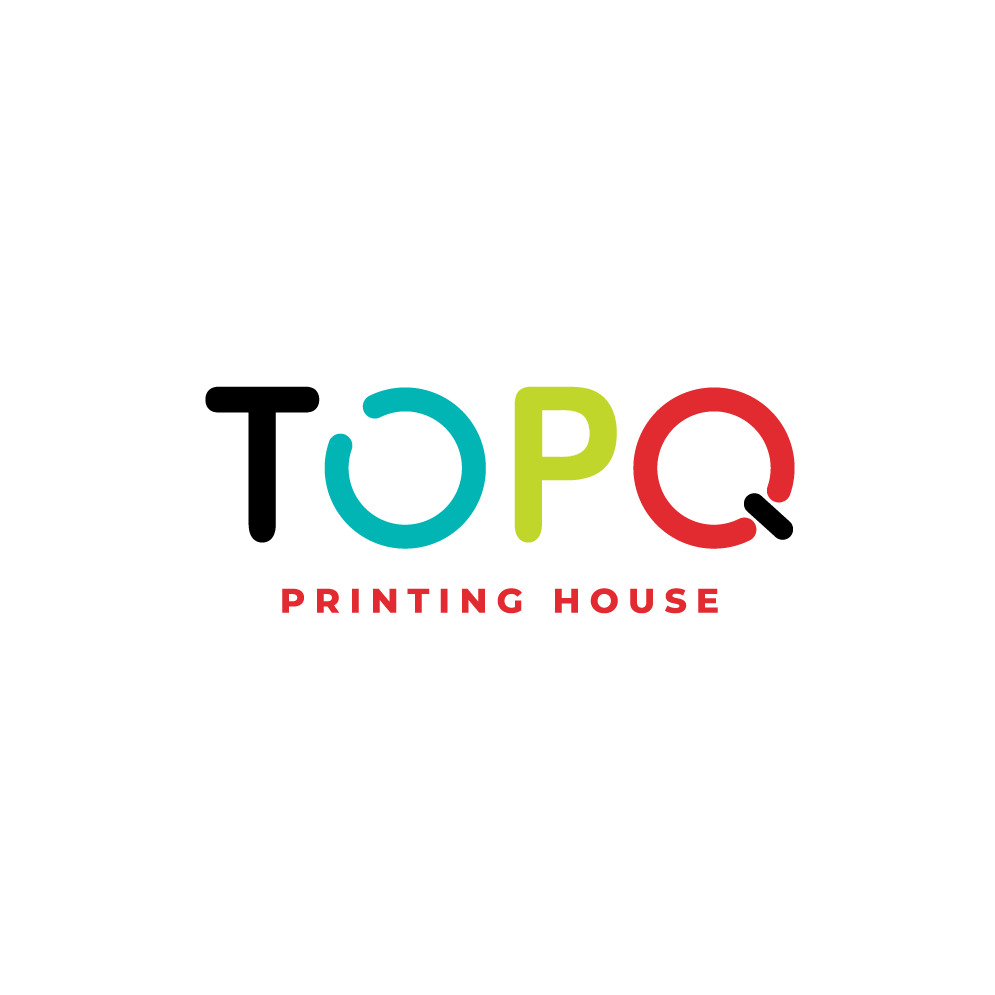 Kolorowe logo drukarni „TOPQ PRINTING HOUSE” z czarną kropką w literze Q, na białym tle. Litery T, O, P, Q w kolorach: czarnym, turkusowym, limonkowym i czerwonym.