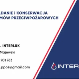 Wizytówka firmy P.P.H.U. Interluk oferującej zakładanie i konserwację systemów przeciwpożarowych. Kontakt: Łukasz Majewski, tel. 795 701 763, interluk.ppoz@gmail.com.