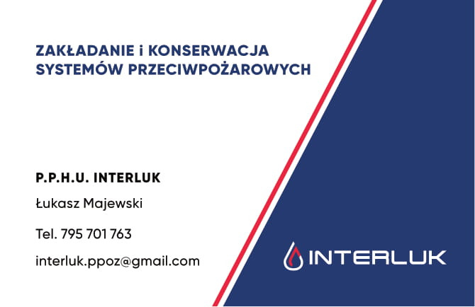 Wizytówka firmy P.P.H.U. Interluk oferującej zakładanie i konserwację systemów przeciwpożarowych. Kontakt: Łukasz Majewski, tel. 795 701 763, interluk.ppoz@gmail.com.