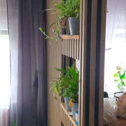 Piotr Wiśniewski - Drewniana ścianka działowa z lamelami i półkami, na których stoją doniczki z roślinami. Widoczne szare zasłony i fragment wnętrza z zielonym krzesłem.