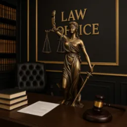 Statua Temidy z wagą i mieczem na biurku z dokumentami i młotkiem sędziowskim w gabinecie prawnym z regałem książek w tle.