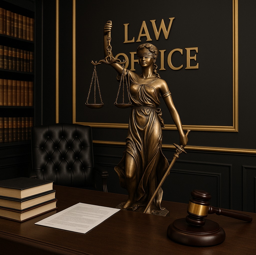 Statua Temidy z wagą i mieczem na biurku z dokumentami i młotkiem sędziowskim w gabinecie prawnym z regałem książek w tle.
