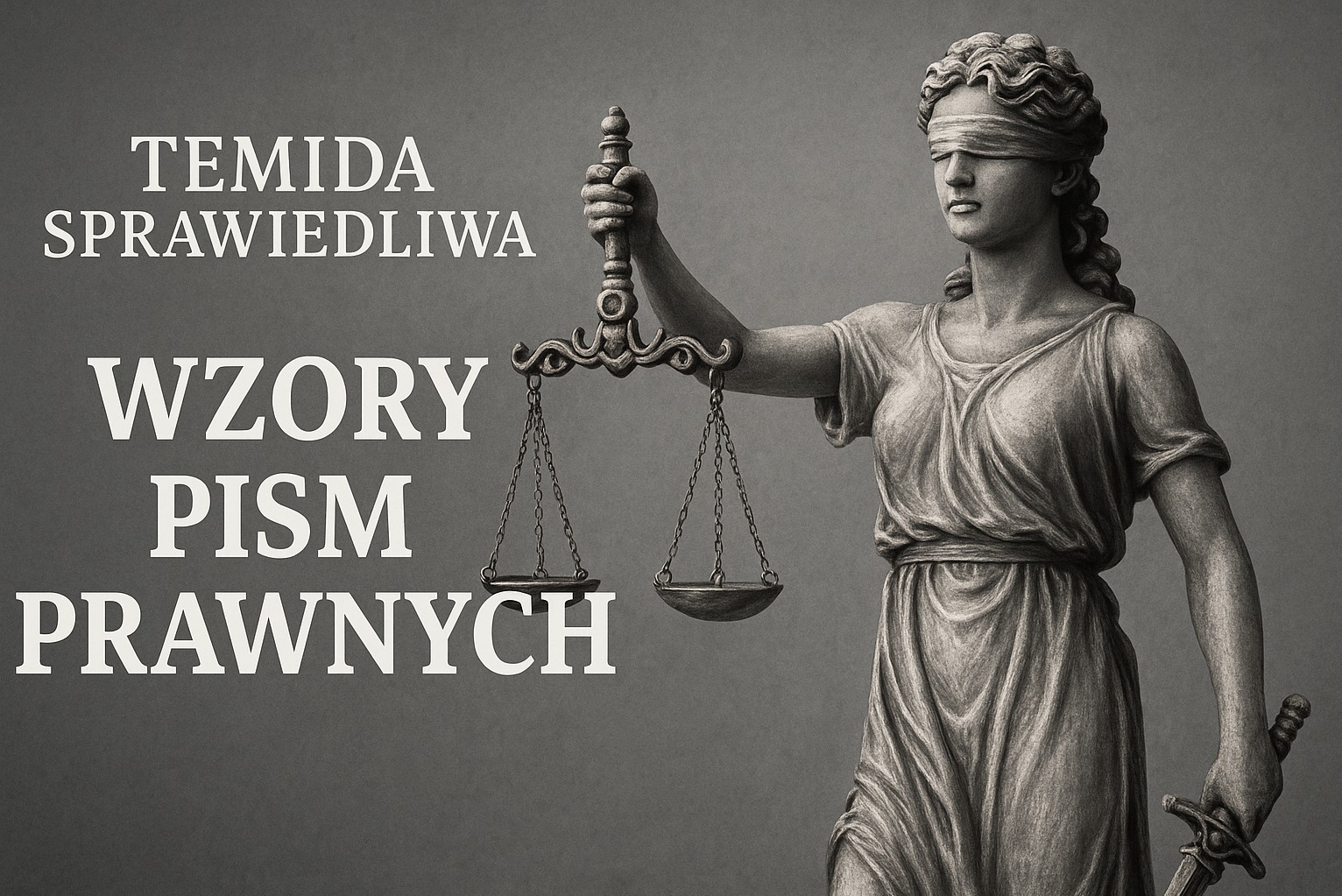 Temida z wagą i mieczem na szarym tle z napisem 'Wzory pism prawnych'. Statua sprawiedliwości, symbol prawa i gotowe dokumenty prawne.
