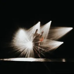 Sylwetka tancerki oświetlona snopami światła na scenie. Ujęcie w kontraście, z dominującą czernią tła i jasnymi promieniami reflektorów.