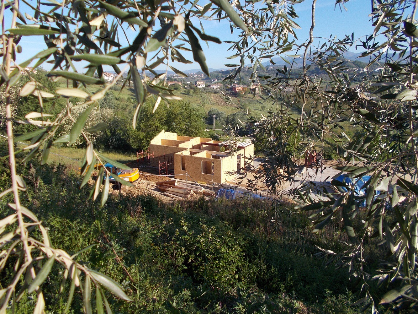 Wznoszenie konstrukcji parterowego domu na fundamencie, widok z góry przez gałęzie drzew. W tle zielony krajobraz z zabudowaniami.