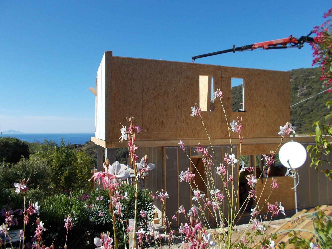 Wznoszenie dwukondygnacyjnego domu z drewnianych paneli na tle morza i zieleni, z użyciem dźwigu. Kwiaty na pierwszym planie.