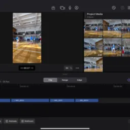 Ekran edytora wideo z nagraniami z meczu siatkówki, timeline z klipami IMG_8493, IMG_8503, IMG_8501, IMG_8503. Widok projektu 'Project 1'.
