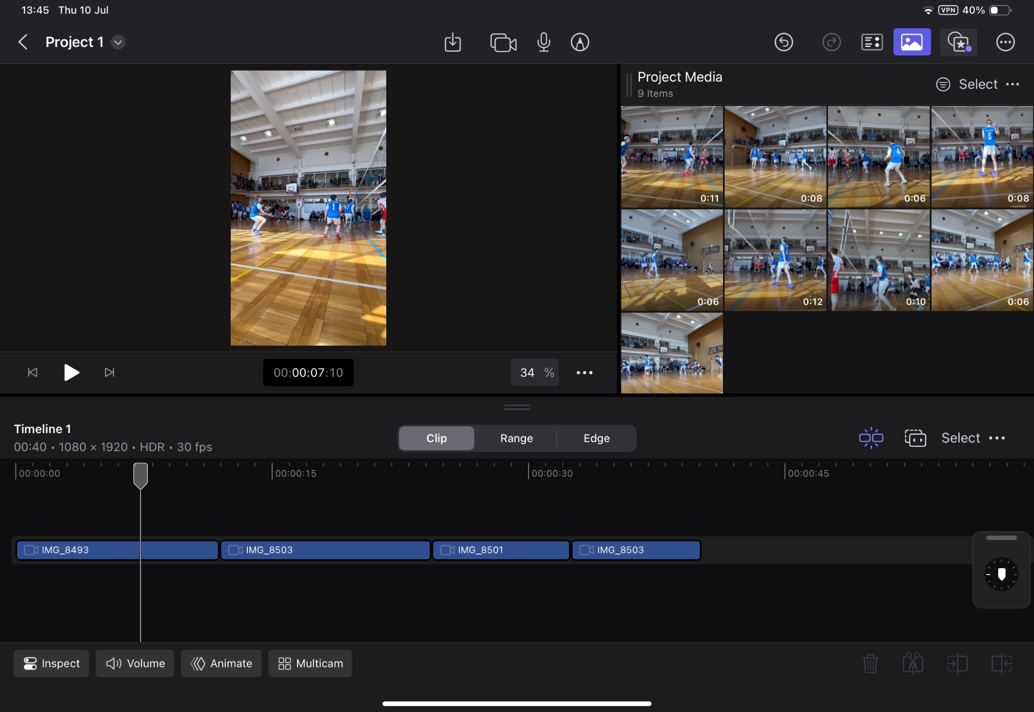 Ekran edytora wideo z nagraniami z meczu siatkówki, timeline z klipami IMG_8493, IMG_8503, IMG_8501, IMG_8503. Widok projektu 'Project 1'.