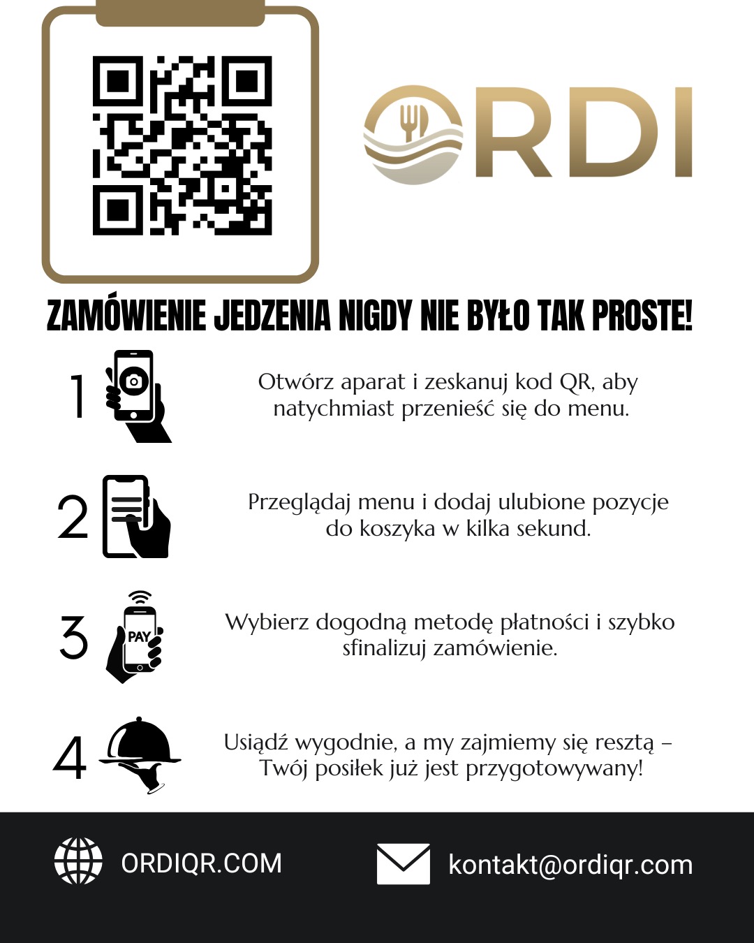 Ilustracja procesu zamawiania jedzenia przez kod QR: skanowanie, przeglądanie menu, płatność mobilna, oczekiwanie na posiłek. Szybkie i proste zamawianie.