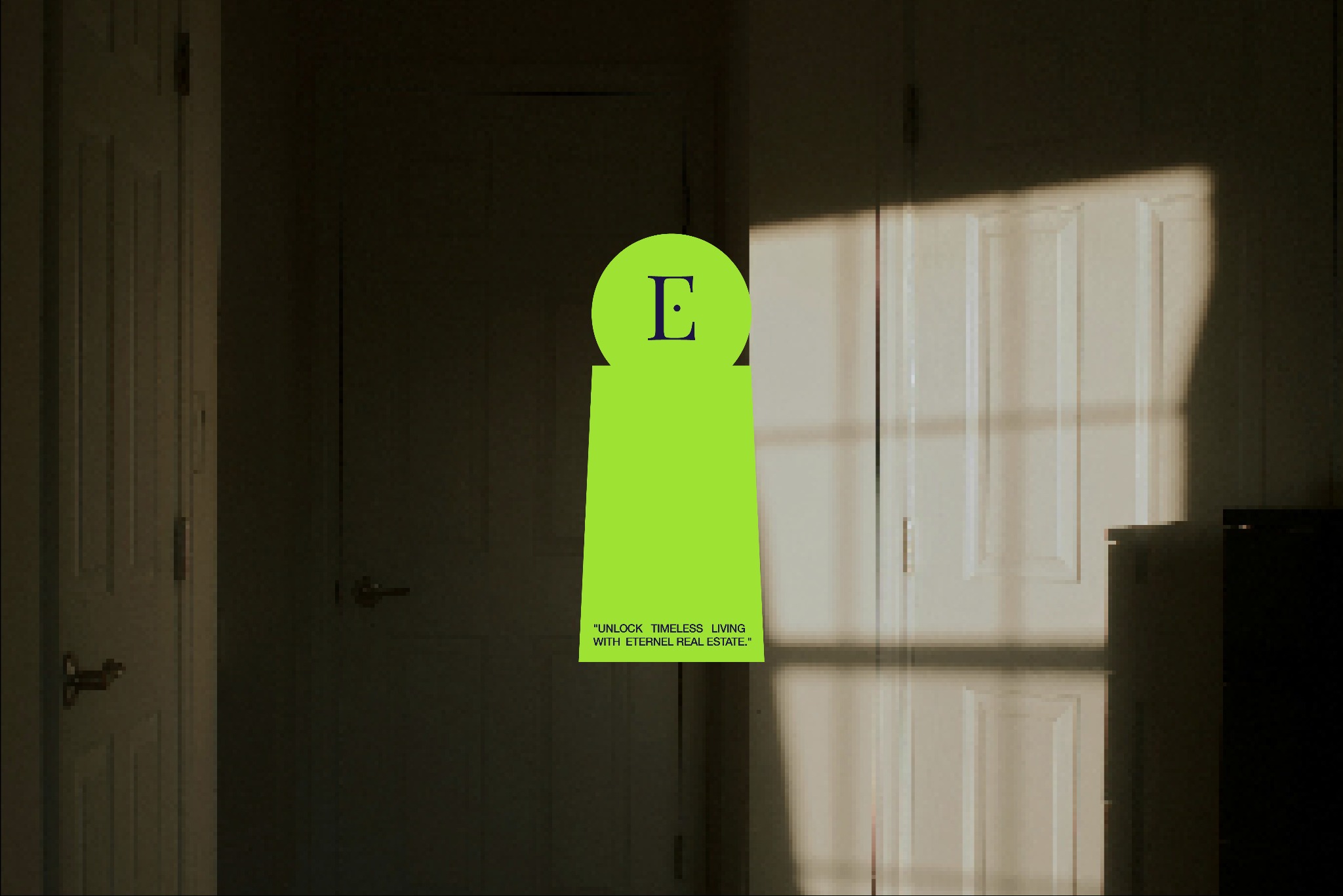 Grafika z logo w kształcie dziurki od klucza na tle drzwi i padającego światła. Hasło: 'Unlock timeless living with eternel real estate.'
