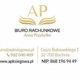 Eleganckie logo biura rachunkowego w odcieniach złota z danymi kontaktowymi: adres, telefon, e-mail i NIP na jasnym tle. Minimalistyczny design.