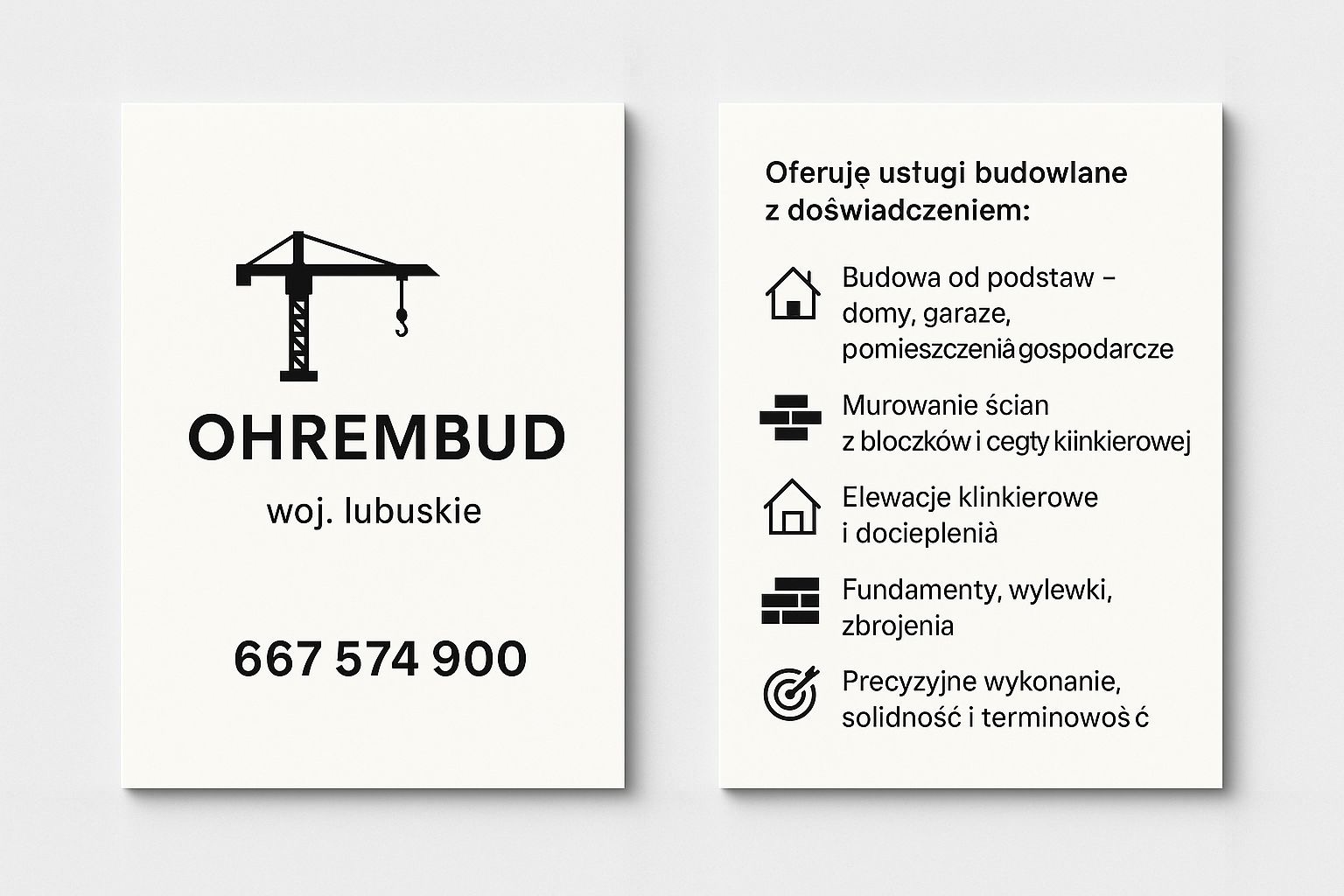 Wizytówka firmy OHREMBUD z woj. lubuskiego. Oferta: budowa domów, murowanie ścian z bloczków i cegły klinkierowej, elewacje klinkierowe, fundamenty.