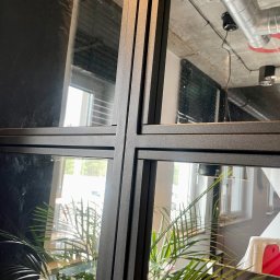 KM Glass - Metalowa rama okna z szybami, widok na roślinę doniczkową i pomieszczenie. Elementy instalacji pod sufitem. Detal czarnej ramy okiennej z podziałami.