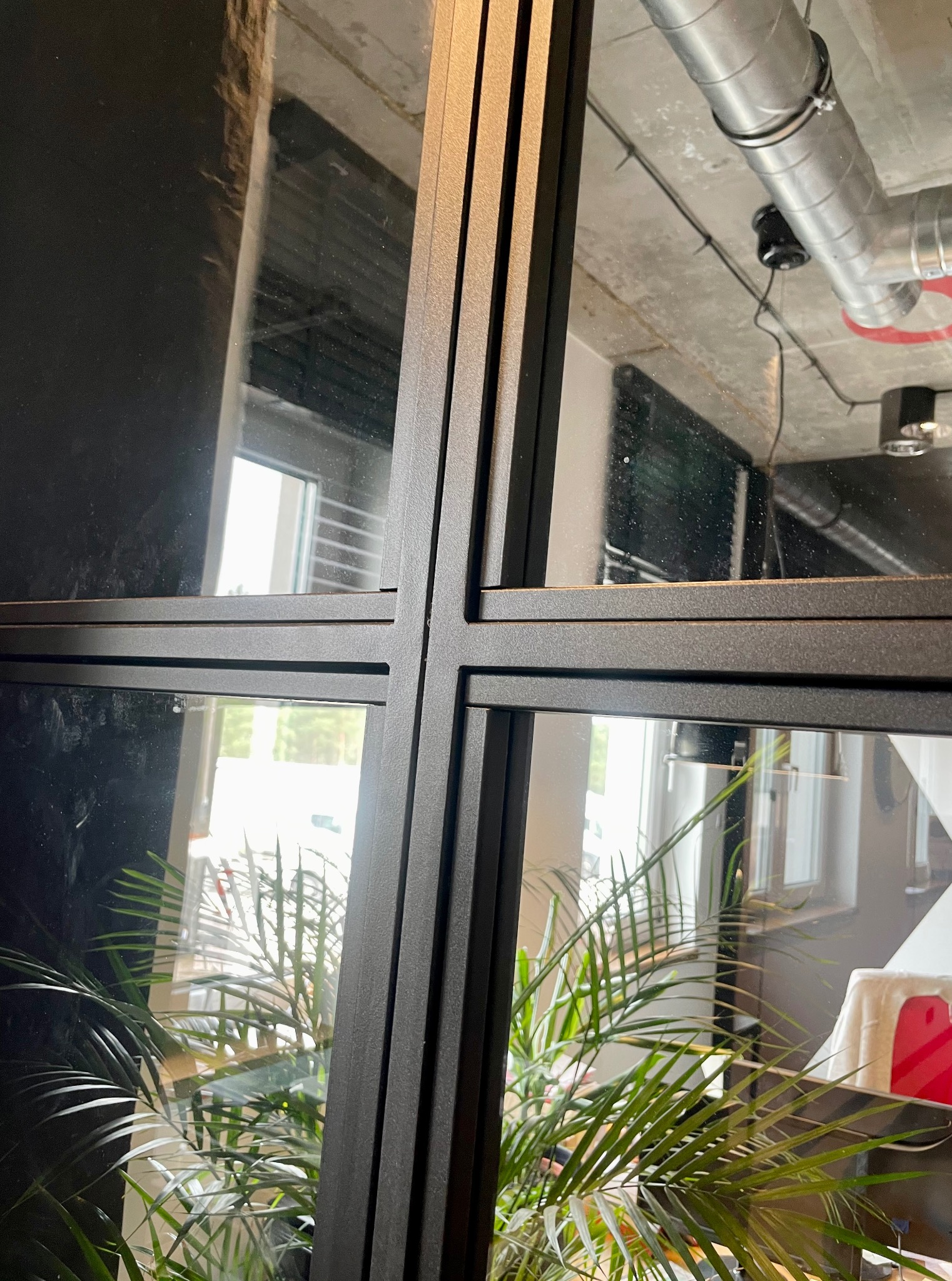 Metalowa rama okna z szybami, widok na roślinę doniczkową i pomieszczenie. Elementy instalacji pod sufitem. Detal czarnej ramy okiennej z podziałami.