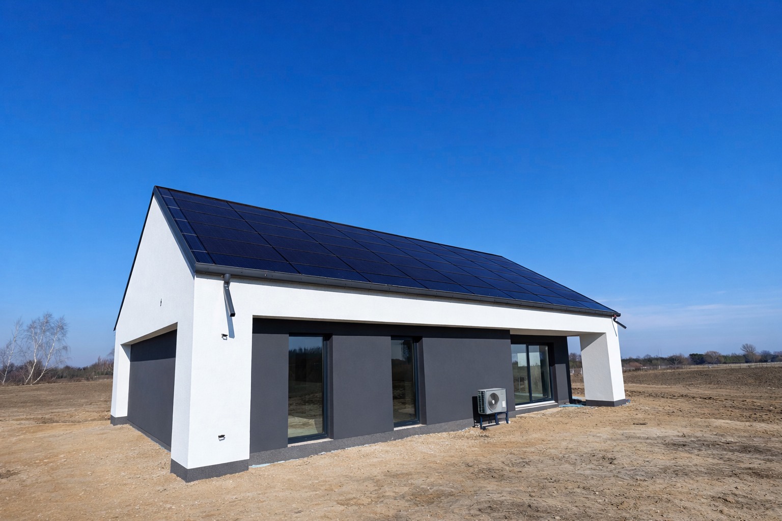 Nowoczesny dom z panelami słonecznymi na dachu, biało-szara elewacja, minimalistyczny design, błękitne niebo w tle. Widoczny klimatyzator na zewnątrz budynku.