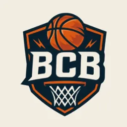 Grafika logo BCB: pomarańczowa piłka do koszykówki nad koszem, wpisane w ciemny, obramowany herb. Dwa błyskawice po bokach piłki. Stylizowane, nowoczesne.