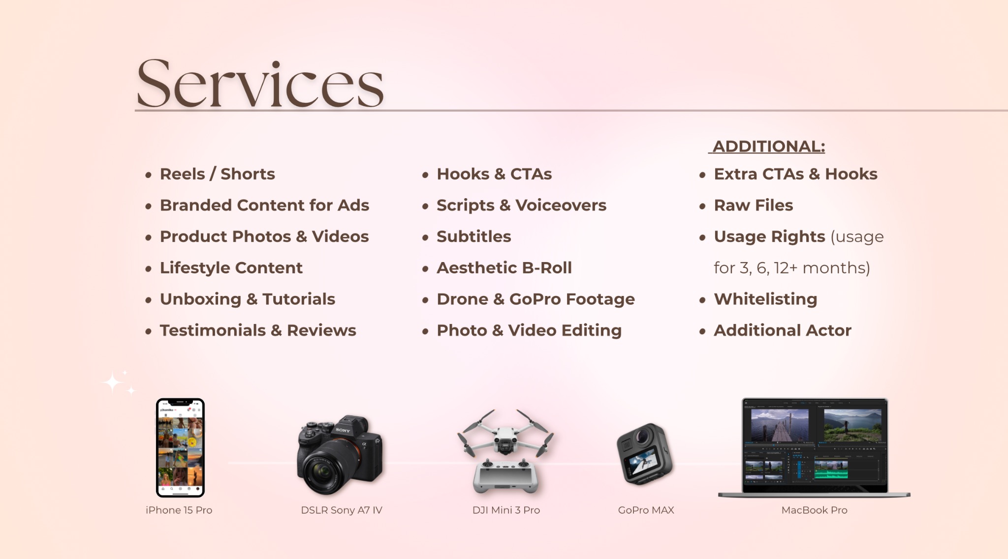 Oferta usług: Reels/Shorts, content dla reklam, zdjęcia/filmy produktowe, lifestyle, unboxing, recenzje, ujęcia z drona/GoPro, edycja. iPhone, Sony, dron, GoPro, MacBook.