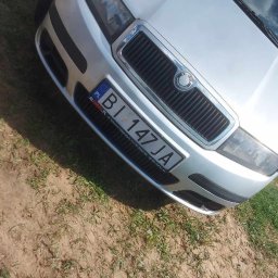 Rafał Ołdakowski - Srebrna Skoda Fabia z polską tablicą rejestracyjną BI 147JA, zaparkowana na trawiastym terenie. Widok z przodu, lekko z góry. Widoczne detale grilla i reflektorów.