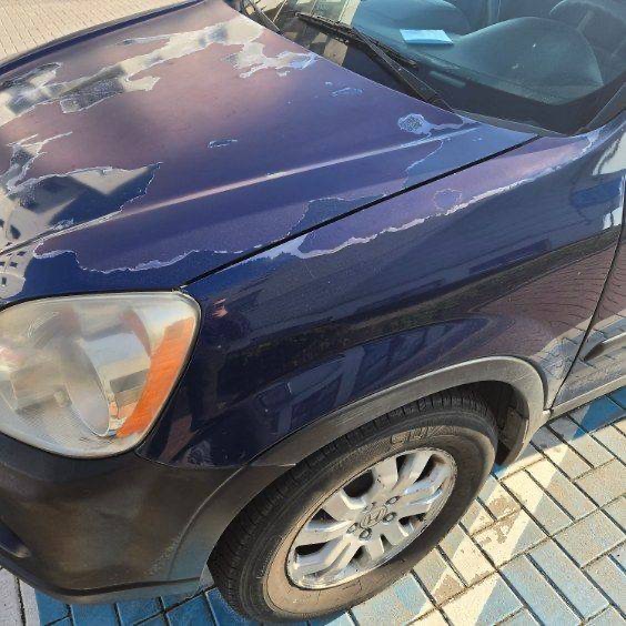 Niebieski samochód z łuszczącą się powłoką lakierniczą na masce i błotniku, widoczne opony i felgi. Auto wymaga renowacji lakieru.