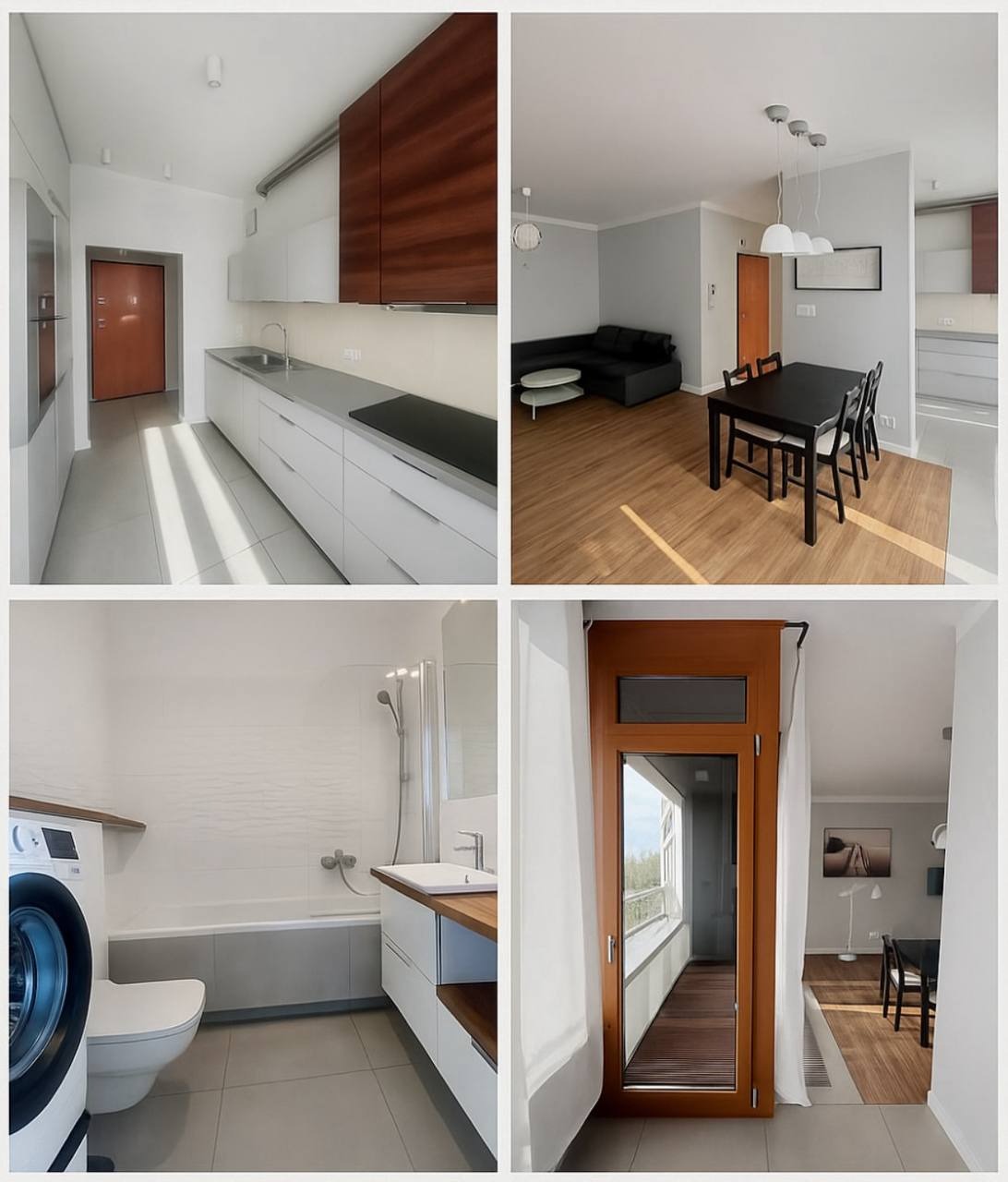 Kompozycja czterech kadrów: kuchnia z salonem, łazienka i balkon. Nowoczesne wykończenie wnętrz w jasnych barwach z drewnianymi akcentami. Widoczne wyposażenie i aranżacja.